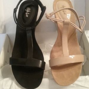 Patent Tan and Patent Black Wedge Sandals